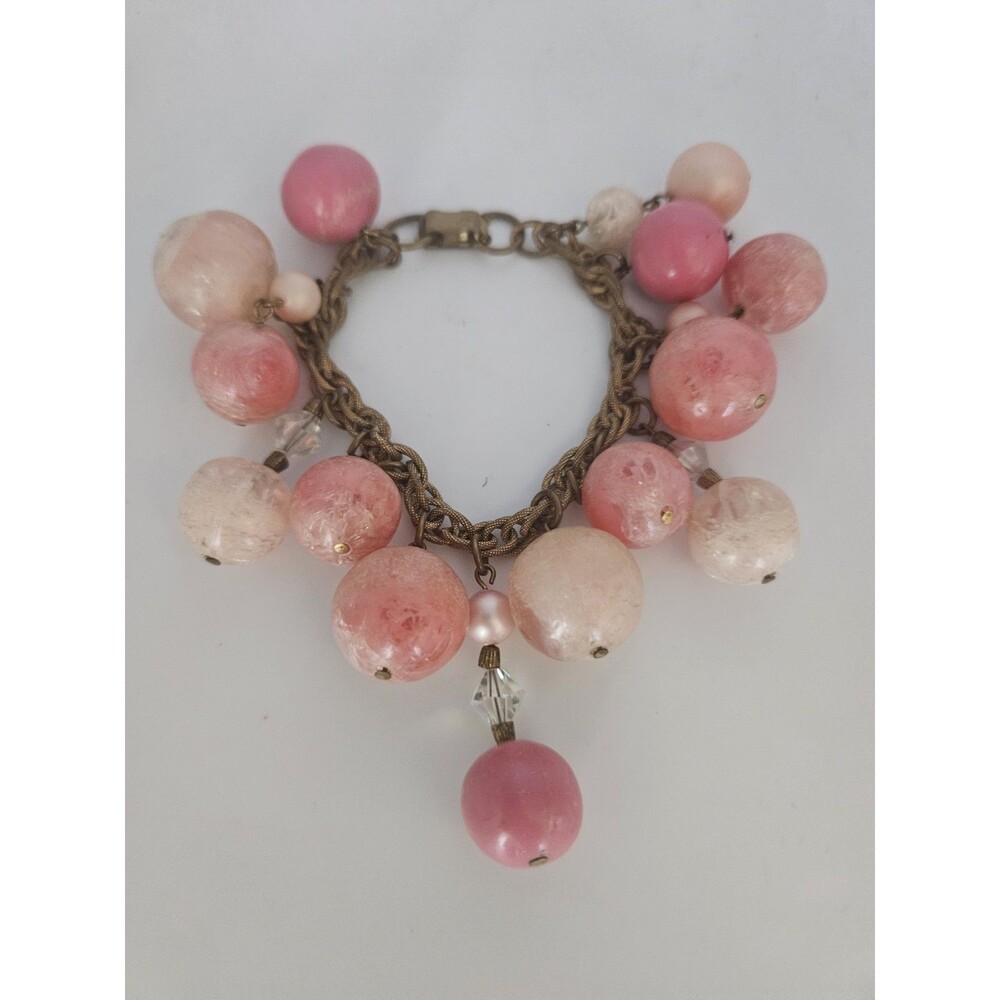 Vintage Ball Retro Dangle Charm Bracelet Pink Gold Tone